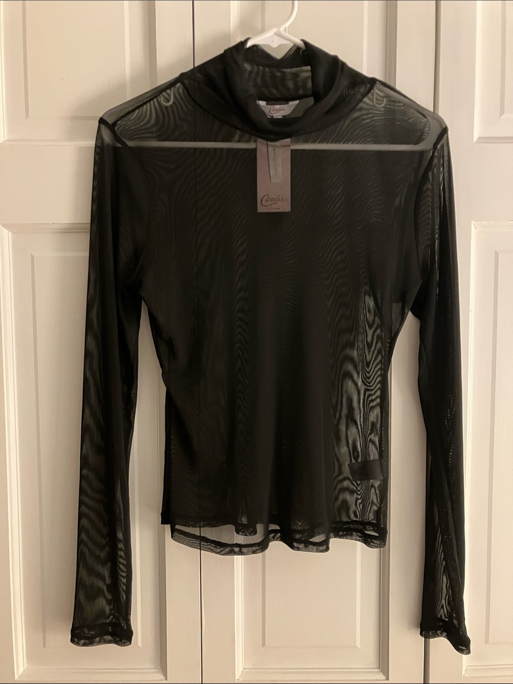 Candie's Sexy Black Sheer Mesh Long-Sleeve Mock Neck Top